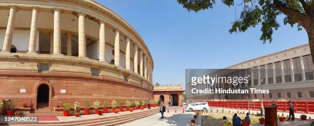 Panoramic view of New and Old building of the Parliament House complex, on February 10, 2023 in New Delhi, India.