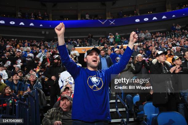 Buffalo Sabres fans celebrate a goal during an NHL game against the Calgary Flames on February 11, 2023 at KeyBank Center in Buffalo, New York.