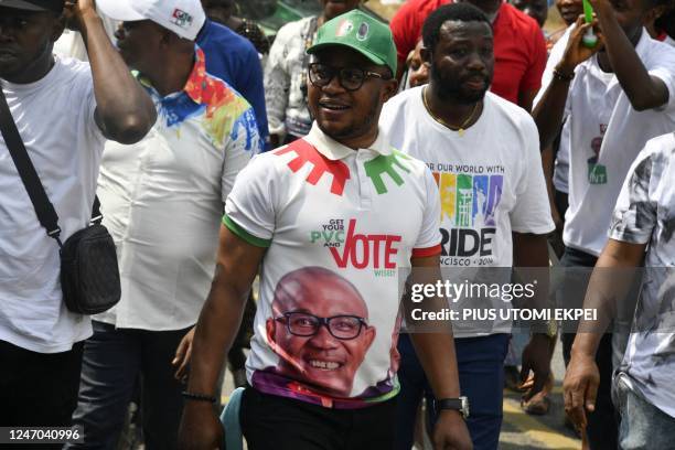 Supporter wears T-shirt with a photograph of the candidate of Labour Party Peter Obi on, to attend party campaign rally in Lagos, on February 11,...