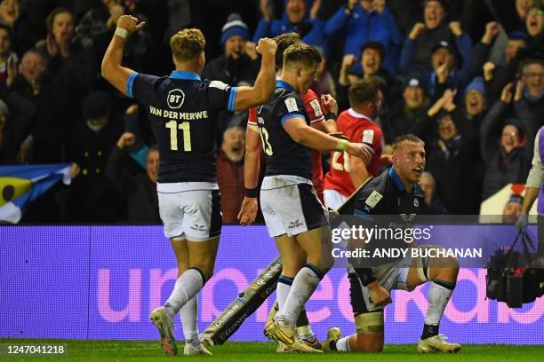 Scotland's number 8 Matt Fagerson celebrates after scoring his try during the Six Nations international rugby union match between Scotland and Wales...