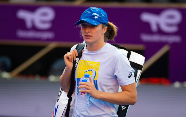 Iga Swiatek of Poland during practice ahead of the Qatar TotalEnergies Open at the Khalifa International Tennis and Squash Complex on February 11,...