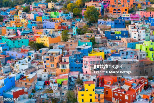 colorful crowded houses of guanajuato city, mexico - guanajuato stock-fotos und bilder