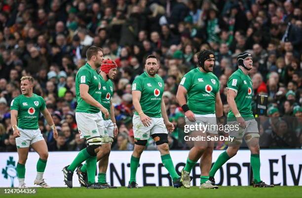 Dublin , Ireland - 11 February 2023; Ireland players, from right, James Ryan, Tom OToole, Jack Conan, Josh van der Flier, Iain Henderson and Craig...