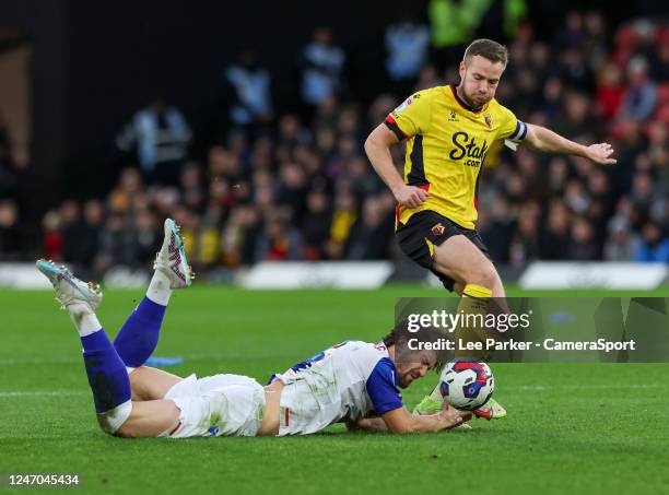 Blackburn Rovers' Ben Brereton Diaz is tackled by Watford's Tom Cleverley during the Sky Bet Championship between Watford and Blackburn Rovers at...