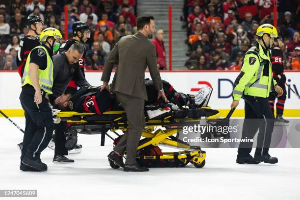 Ottawa Senators Goalie Anton Forsberg is stretched off the ice by paramedics during third period National Hockey League action between the Edmonton...
