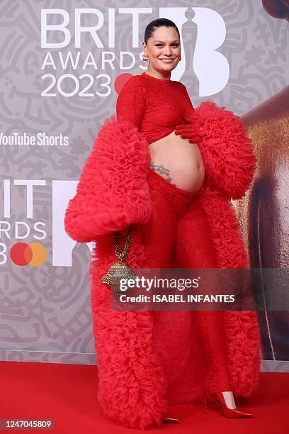 British singer Jessie J poses on the red carpet upon arrival for the BRIT Awards 2023 in London on February 11, 2023. - RESTRICTED TO EDITORIAL USE...