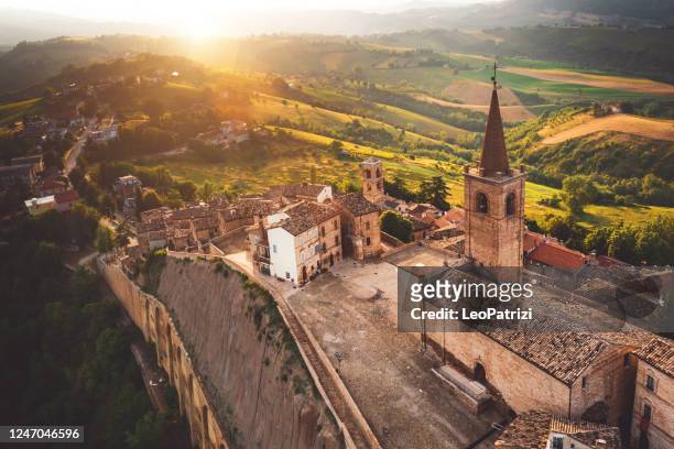 aerial view view of a beautiful old town in italy - marche region - village stock pictures, royalty-free photos & images