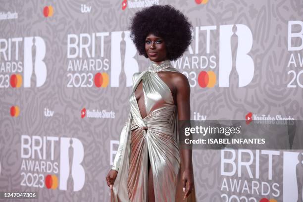 British actress Jodie Turner-Smith poses on the red carpet upon arrival for the BRIT Awards 2023 in London on February 11, 2023. - RESTRICTED TO...