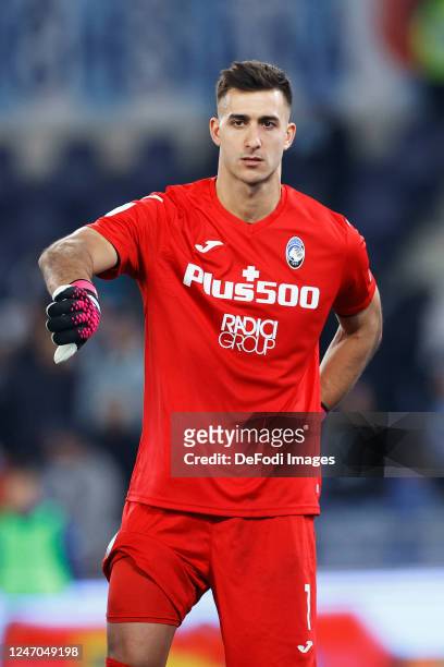 Juan Musso of Atalanta BC gestures during the Serie A match between SS Lazio and Atalanta BC at Stadio Olimpico on February 11, 2023 in Rome, Italy.