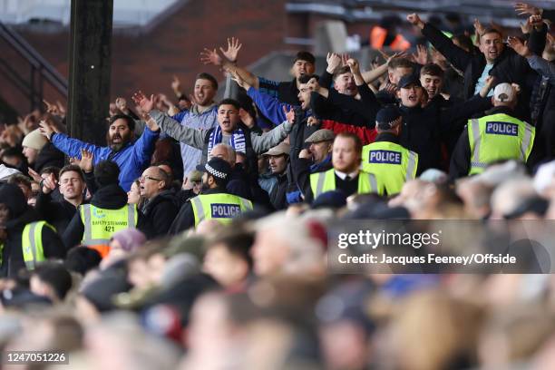 Brighton fans chant towards Palace fans during the Premier League match between Crystal Palace and Brighton & Hove Albion at Selhurst Park on...