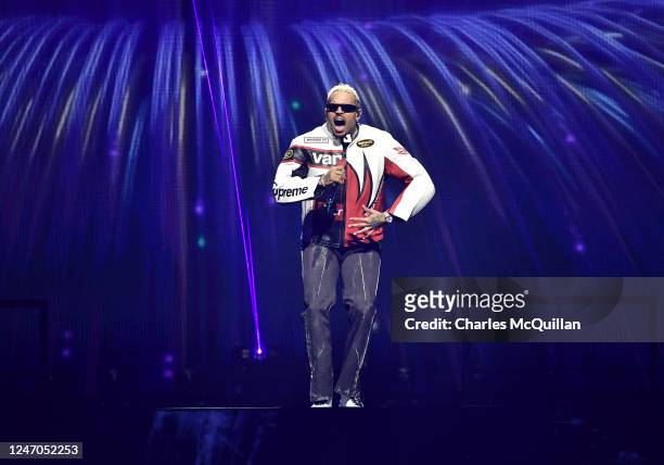 Chris Brown performs as part of his "Under The Influence" Europe Tour at The 3Arena Dublin on February 11, 2023 in Dublin, Ireland.