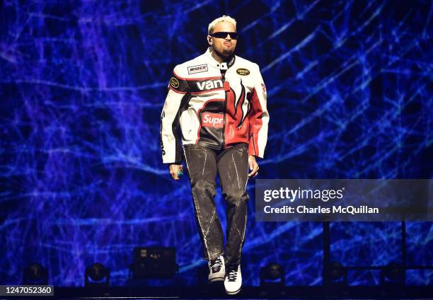 Chris Brown performs as part of his "Under The Influence" Europe Tour at The 3Arena Dublin on February 11, 2023 in Dublin, Ireland.