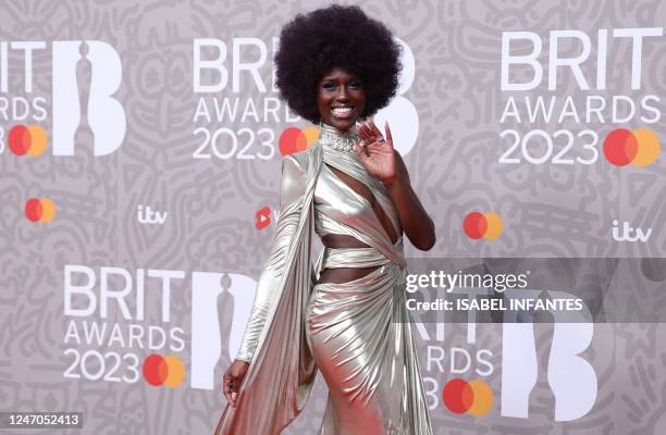 British actress Jodie Turner-Smith poses on the red carpet upon arrival for the BRIT Awards 2023 in London on February 11, 2023. - RESTRICTED TO...