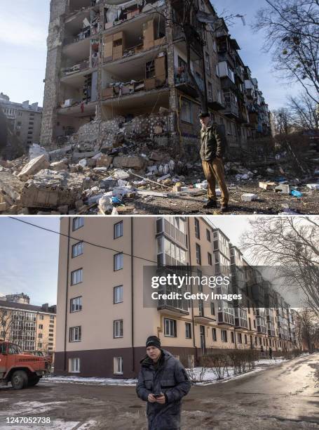 Of 1386192539 - TOP IMAGE and 1247221149 - BOTTOM IMAGE) In this before-and-after composite image, a comparison is made between KYIV, UKRAINE A man...