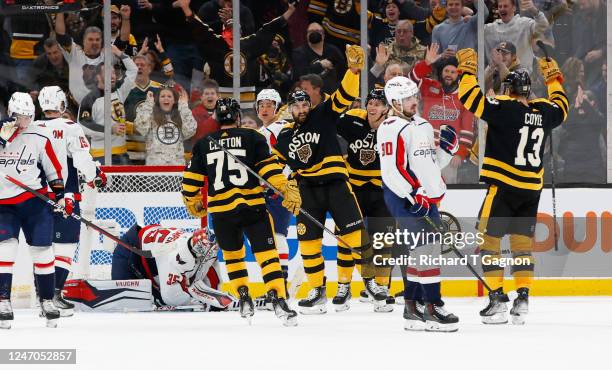 Nick Foligno of the Boston Bruins celebrates his goal against Darcy Kuemper of the Washington Capitals during the second period at the TD Garden on...