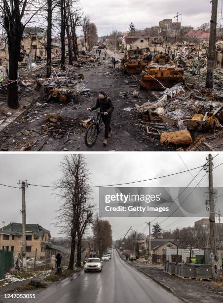 Of 1389943528 - TOP IMAGE and 1247221561 - BOTTOM IMAGE) In this before-and-after composite image, a comparison is made between BUCHA, UKRAINE A man...