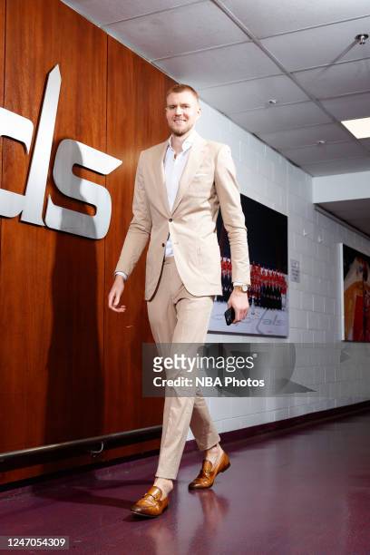 Kristaps Porzingis of the Washington Wizards arrives to the arena before the game against the Indiana Pacers on February 11, 2023 at Capital One...