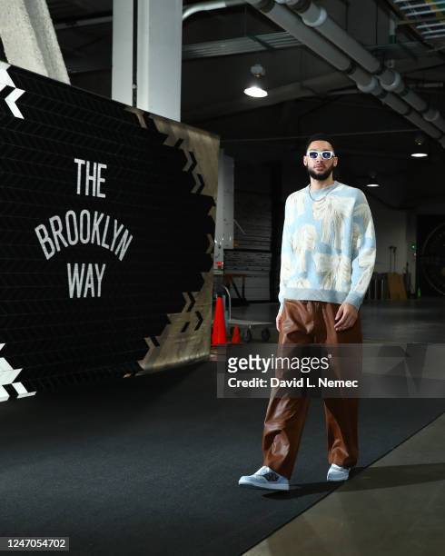 Ben Simmons of the Brooklyn Nets arrives to the arena before the game against the Philadelphia 76ers on February 11, 2023 at Barclays Center in...