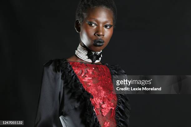 Models are seen backstage at the Rodarte Fall 2023 Ready To Wear Runway Show at the Williamsburg Savings Bank on February 10, 2023 in Brooklyn, New...
