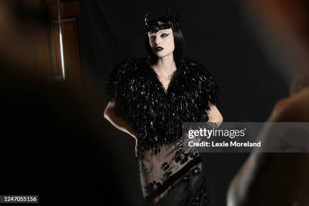 Models are seen backstage at the Rodarte Fall 2023 Ready To Wear Runway Show at the Williamsburg Savings Bank on February 10, 2023 in Brooklyn, New...