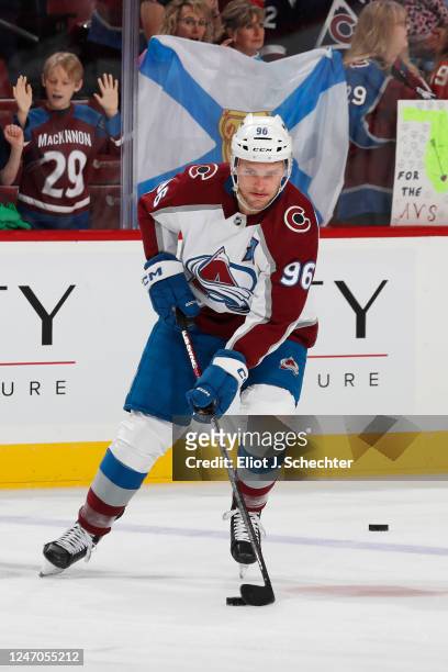 Mikko Rantanen of the Colorado Avalanche warms up on the ice prior to the start of the game against the Florida Panthers at the FLA Live Arena on...