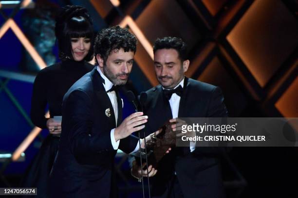 Spanish director Rodrigo Sorogoyen receives the Goya to the best director for 'As bestas' from the hands of Spanish director Juan Antonio Bayona at...