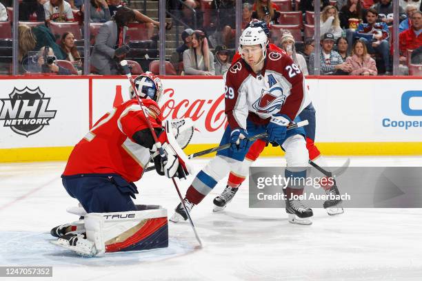 Goaltender Sergei Bobrovsky of the Florida Panthers stops a shot by Nathan MacKinnon of the Colorado Avalanche during second period action at the FLA...