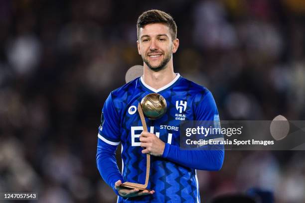 Luciano Vietto of Al Hilal poses for photos with Adidas Bronze Ball Award during the FIFA Club World Cup Morocco 2022 Final match between Real Madrid...