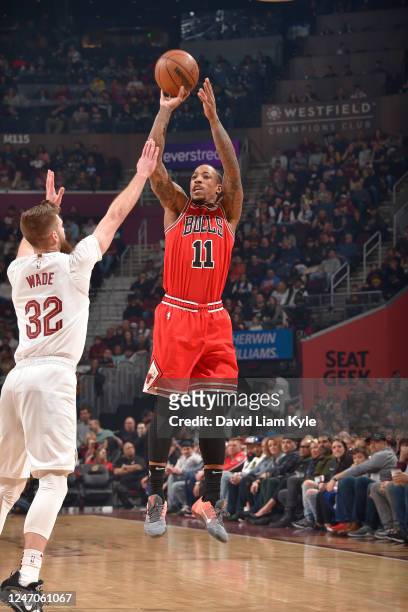 DeMar DeRozan of the Chicago Bulls shoots the ball during the game against the Cleveland Cavaliers on February 11, 2023 at Rocket Mortgage FieldHouse...