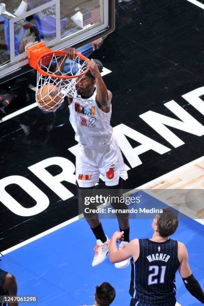 Jimmy Butler of the Miami Heat dunks the ball during the game against the Orlando Magic on February 11, 2023 at Amway Center in Orlando, Florida....