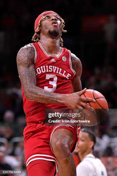 Louisville guard El Ellis puts up a basket in the second half as the Miami Hurricanes faced the Louisville Cardinals on February 11 at the Watsco...