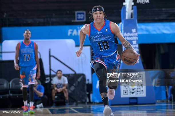 Hampton of the Lakeland Magic dribbles the ball against the Salt Lake City Stars during the second half on February 11, 2023 at the RP Funding Center...