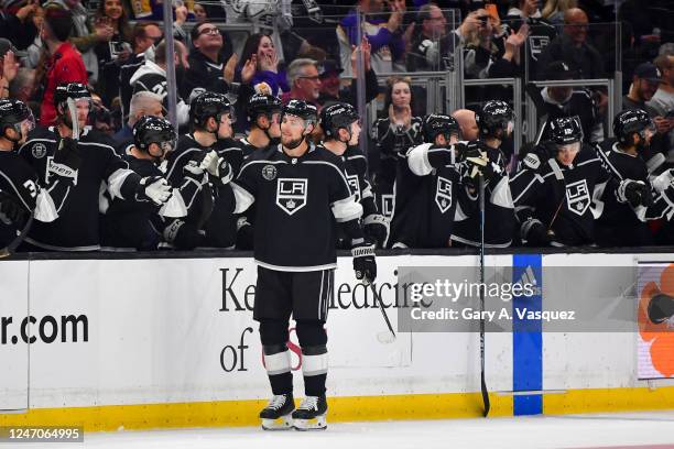 Adrian Kempe of the Los Angeles Kings celebrates his hat trick goal with teammates during the second period against the Pittsburgh Penguins at...