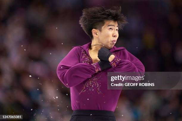 Japan's Shun Sato competes in the men's free skate competition during the ISU Four Continents Figure Skating Championships 2023 at the Broadmoor...