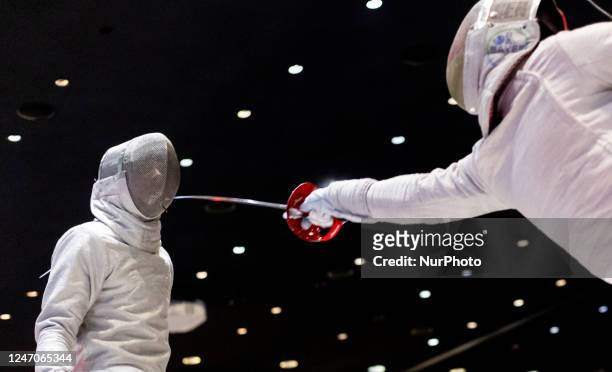 Michele Gallo , Matyas Szabo during Sabre de Wolodyjowski World Cup in Warsaw, Poland on February 11, 2023.