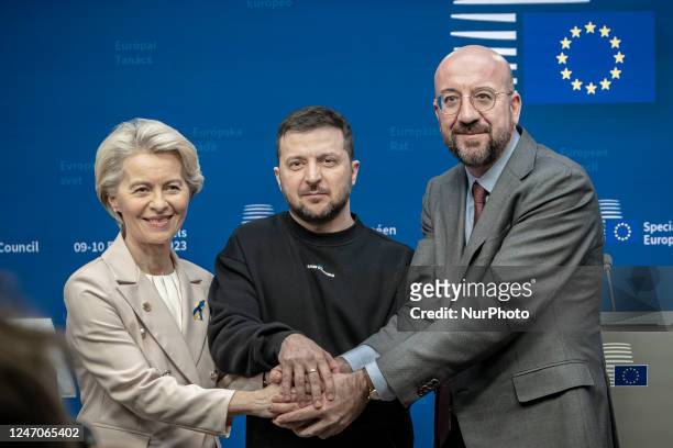 Volodymyr Oleksandrovych Zelenskyy the President of Ukraine as seen with Charles Michel president of the EUCO and Ursula von der Leyen President of...