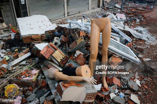 Mannequin, damaged during the earthquake, amidst the rubble. Turkey and Syria have experienced the most severe earthquakes to hit the region in...