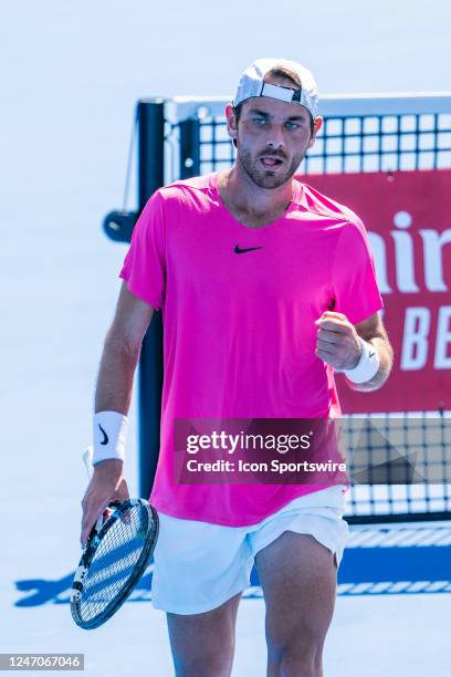 Matija Pecotic competes during the Qualifying round of the ATP Delray Beach Open on February 11 at the Delray Beach Stadium & Tennis Center in Delray...