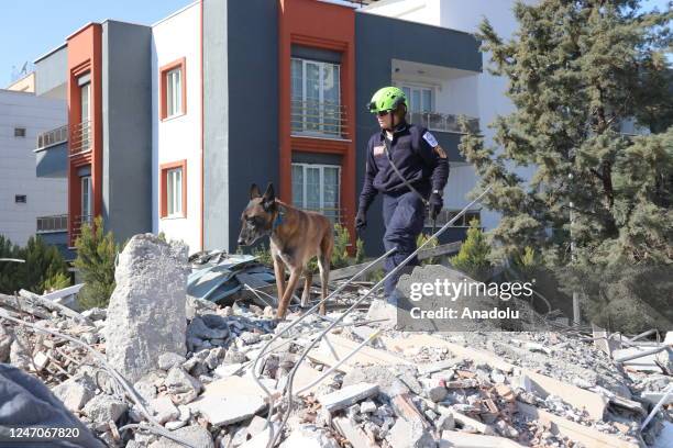 Expert rescuers attend search and rescue efforts after 7.7 and 7.6 magnitude earthquakes hit multiple provinces of Turkiye including Adiyaman on...