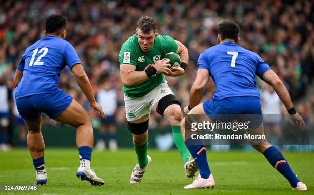 Dublin , Ireland - 11 February 2023; Peter OMahony of Ireland in action against Yoram Moefana and Charles Ollivon of France during the Guinness Six...