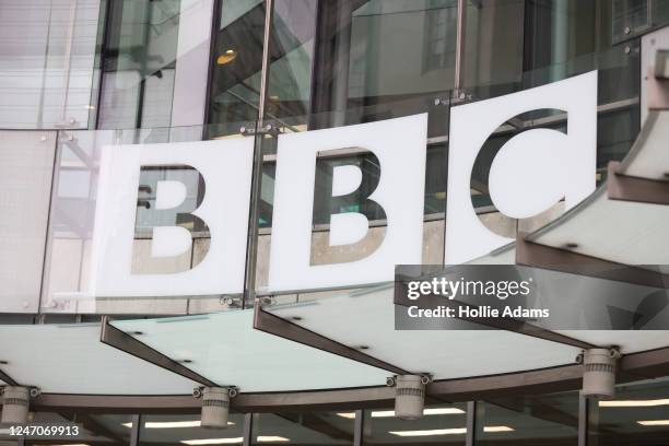 Detail of signage outside BBC Broadcasting House on February 12, 2023 in London, England.