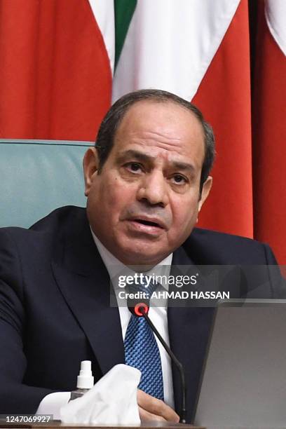 Egyptian President Abdel Fattah al-Sisi speaks during the Arab League's "Summit for Jerusalem" in Cairo, on February 12, 2023.