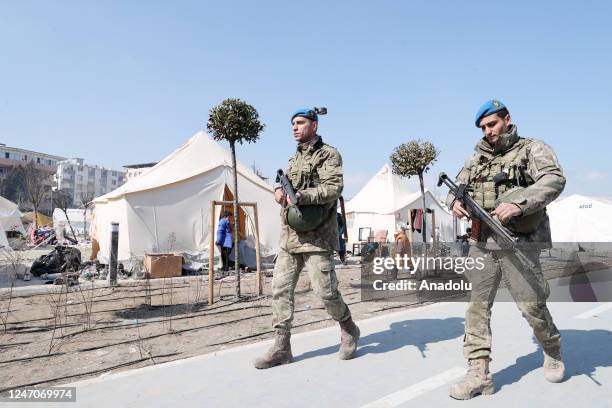 Turkish soldiers of 4th Commando Brigade of Turkish Armed Forces patrol area after 7.7 and 7.6 magnitude earthquakes hit multiple provinces of...