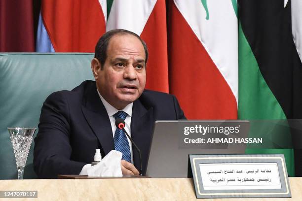 Egyptian President Abdel Fattah al-Sisi speaks during the Arab League's "Summit for Jerusalem" in Cairo, on February 12, 2023.