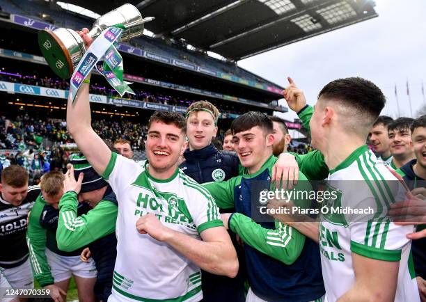 Dublin , Ireland - 22 January 2023; Stephen Barron of Shamrocks Ballyhale celebrates with the Tommy Moore Cup afte his side's victory in the AIB GAA...