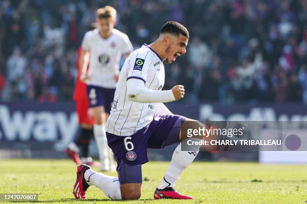 Toulouse's Moroccan forward Zakaria Aboukhlal celebrates after scoring a goal during the French L1 football match between Toulouse FC and Stade...