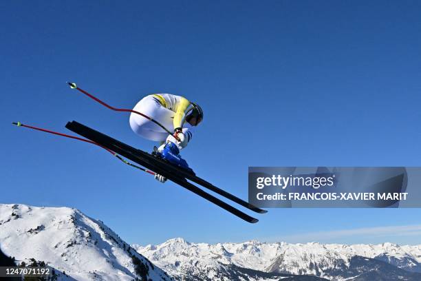 Germany's Romed Baumann competes during the Men's Downhill event of the FIS Alpine Ski World Championship 2023 in Courchevel, French Alps, on...