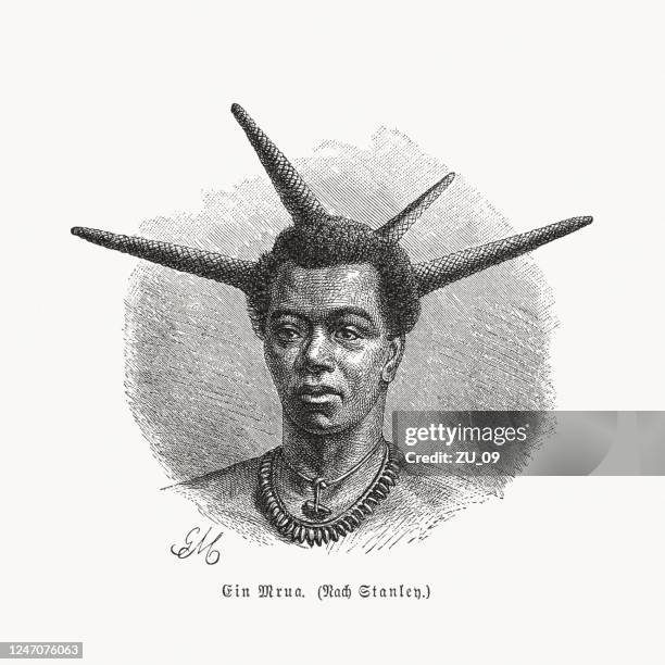 ilustraciones, imágenes clip art, dibujos animados e iconos de stock de un hombre de mrua (warua), africa central, grabado en madera, publicado en 1891 - braided hair