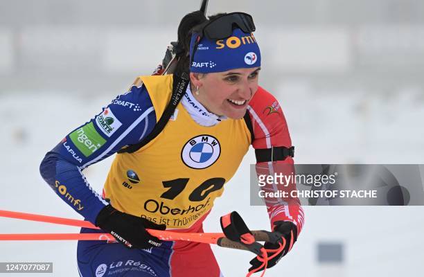 France's Julia Simon reacts as she leaves the shooting range after her last shooting during the women's 10 km pursuit event of the IBU Biathlon World...