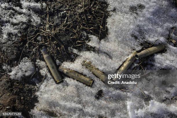 Empty bullets are seen on the snow covered area as the strikes continue on the Donbass frontline, during Russia and Ukraine war in Donbass, Ukraine...